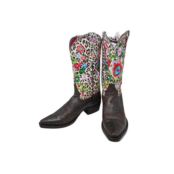 Macie Bean 10 Leopard Print Floral Embroidered Leather Cowgirl Boot Western - Picture 4 of 7